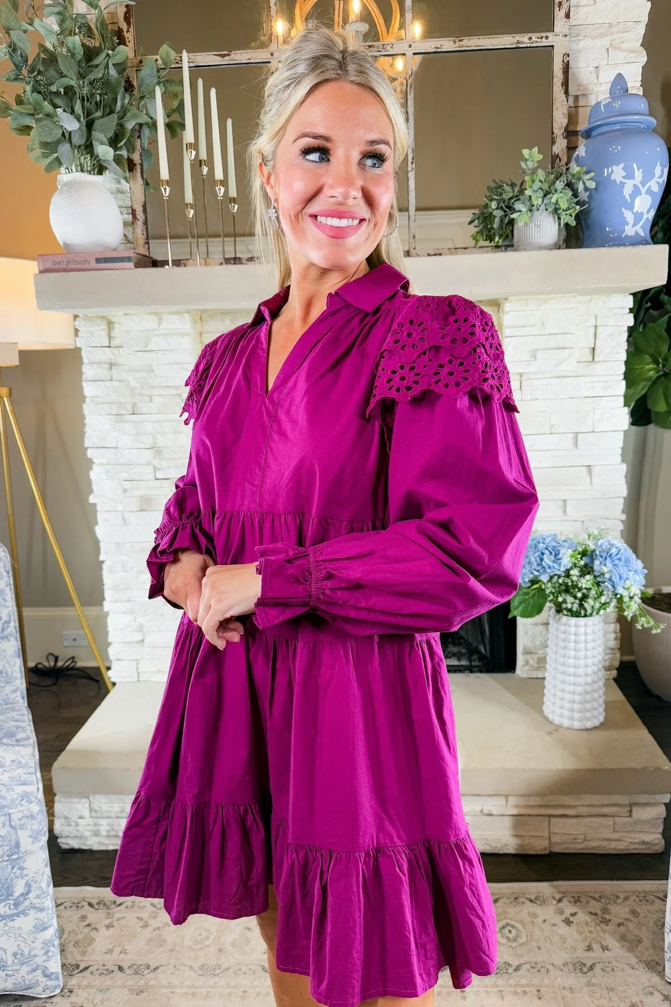 Eyelet Ruffle Sleeve Collared Tiered Long Sleeve Dress in Magenta