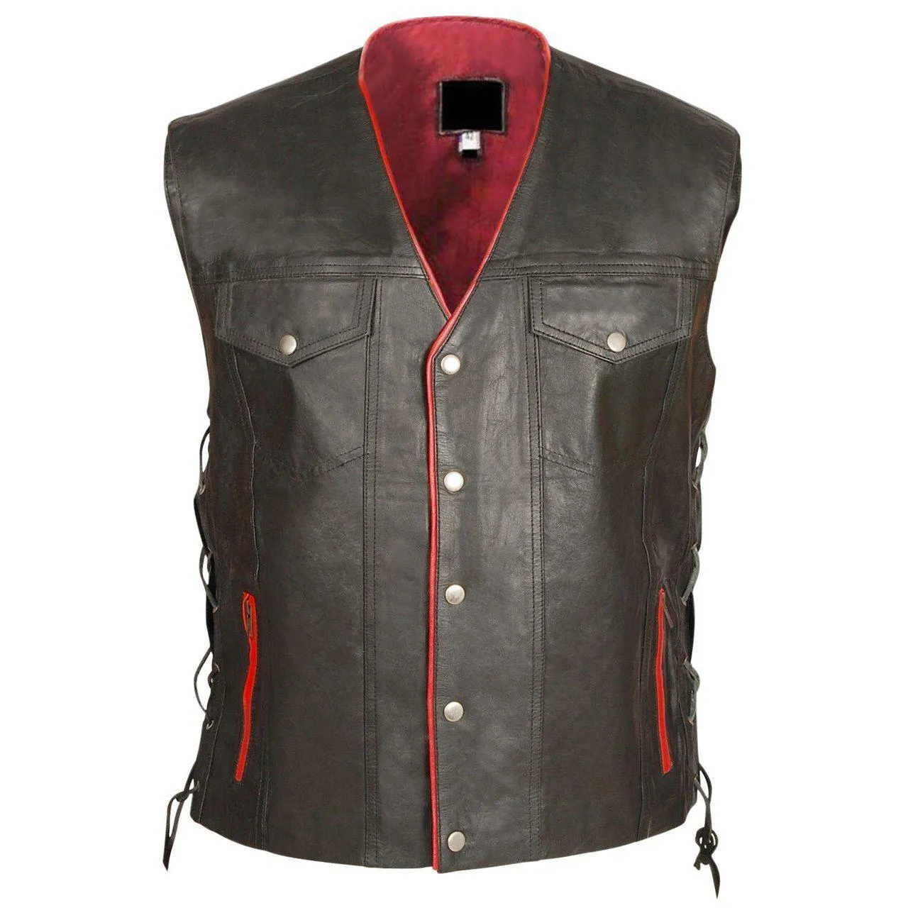 Leather Skin Mens Black Genuine Leather Vest with Red Lining