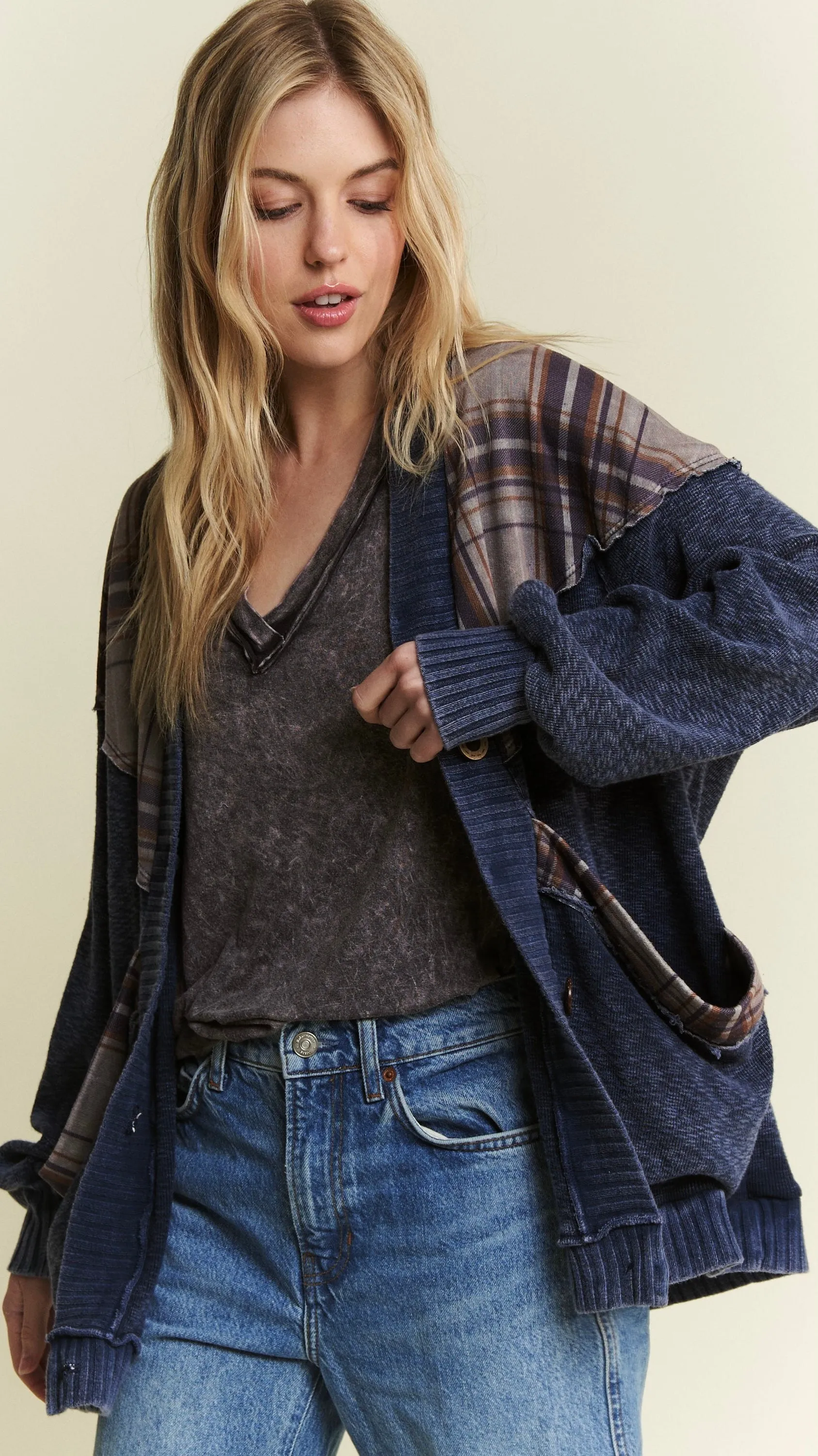 Mineral Wash Plaid Accent Slouch Cardigan