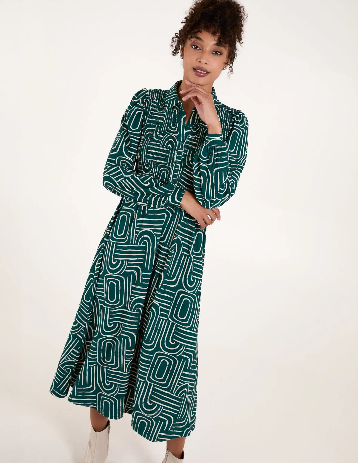 Shirred Bust Long Sleeve Shirt Midi Dress