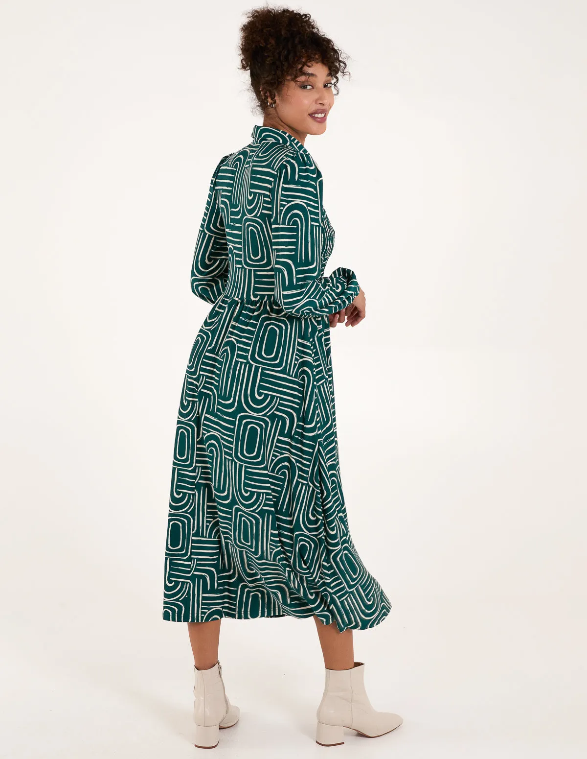 Shirred Bust Long Sleeve Shirt Midi Dress
