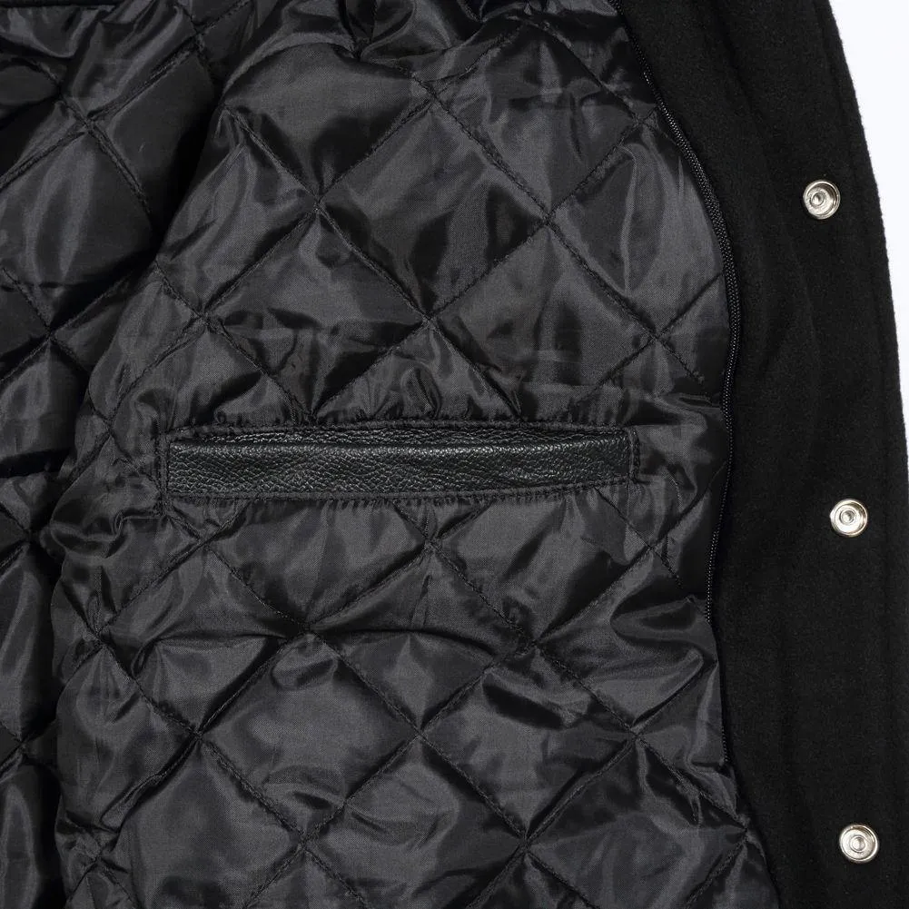 Spine Spark Navy Blue Wool Varsity Jacket White Leather Sleeves