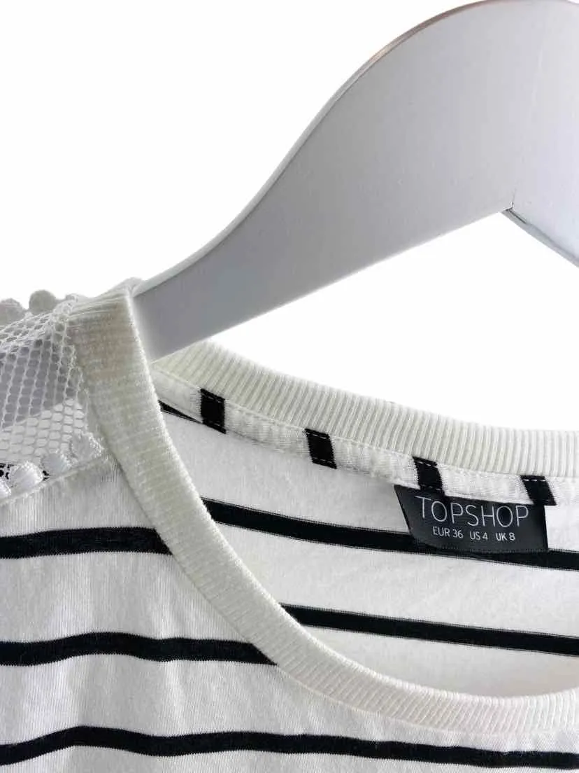 Top Shop Women's Cropped Striped Tee with Lace White/Black Size 4